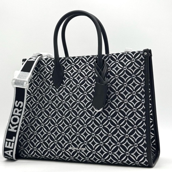 Michael Kors Mirella Medium Logo Tote Bag Black/Silver - Picture 2 of 9